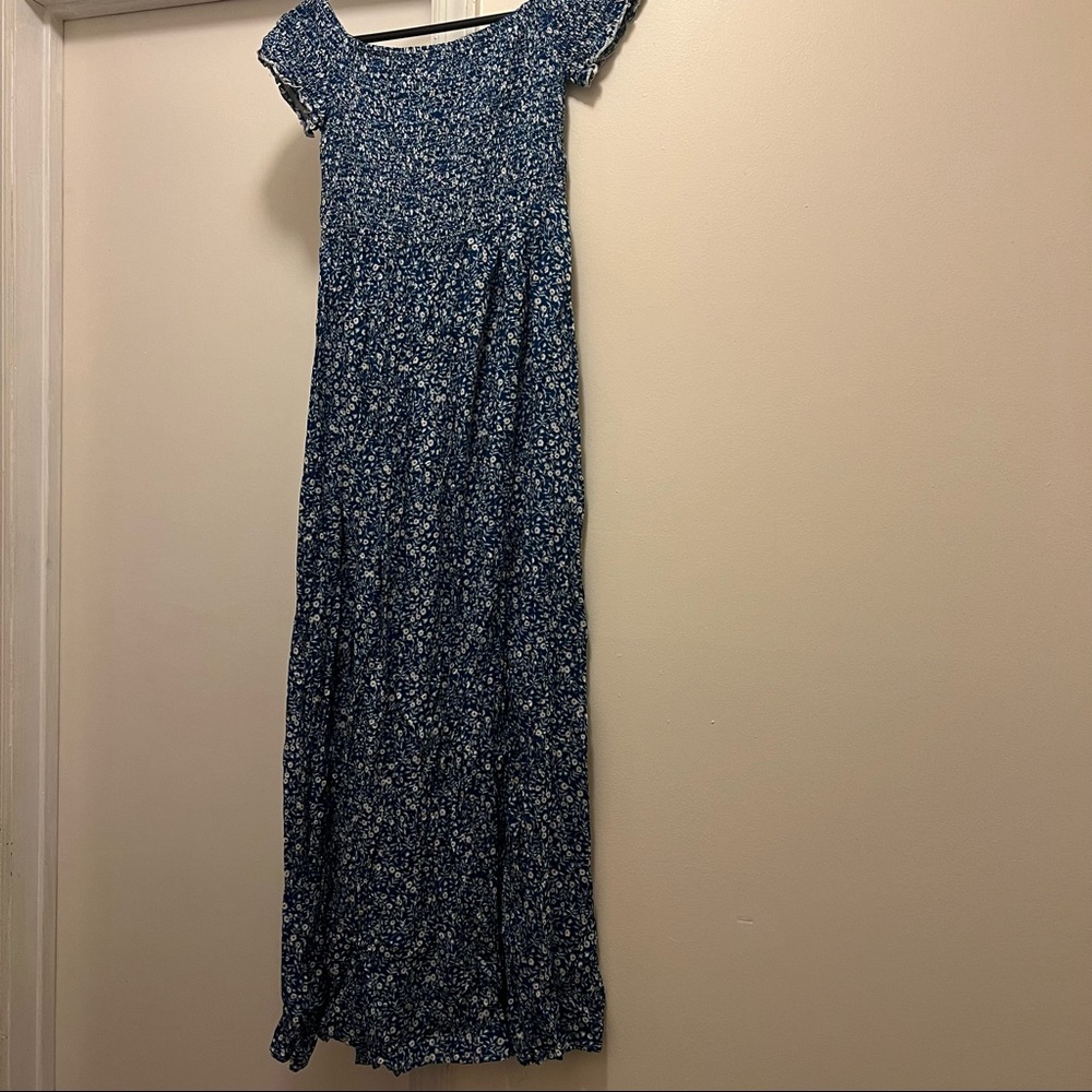 Boho floral print off shoulder maxi dress with two front slits